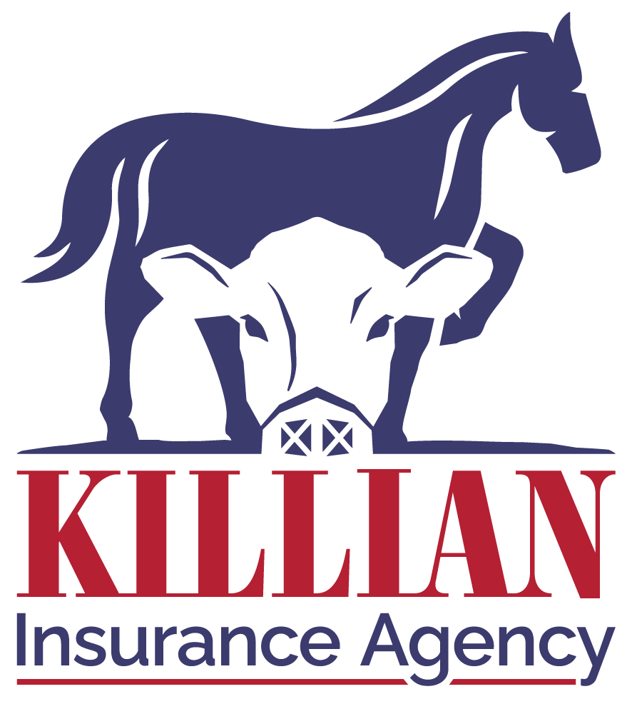 Killian Insurance Agency Logo Horse, Cow and Barn - Blue Red, White Background