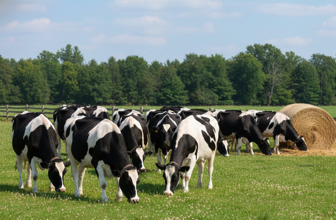 Dairy Cows All Grazing in the Field while other Cows Eat a Bail of Hay