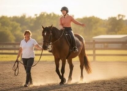 A therapeutic riding session with instructor walking beside a horse and rider