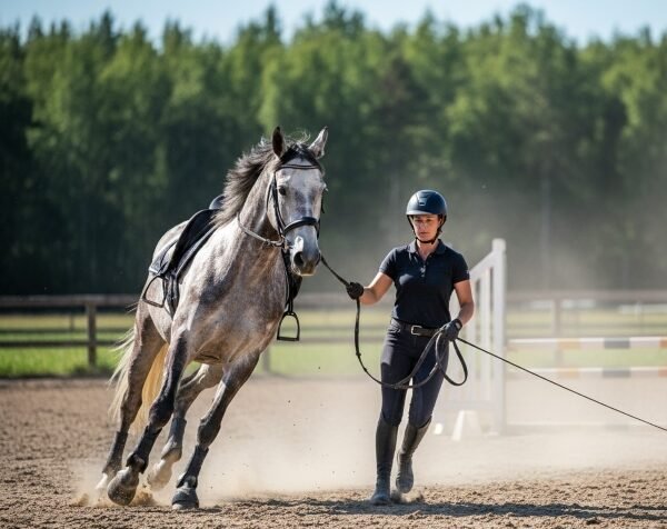 Horse trainer working with a performance horse in an outdoor arena