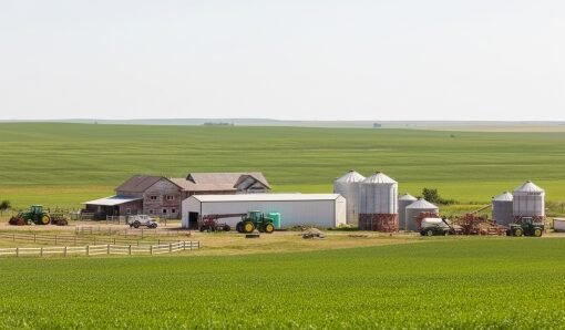 Wide shot of working ranch with barn, fencing, tractors, and open pasture